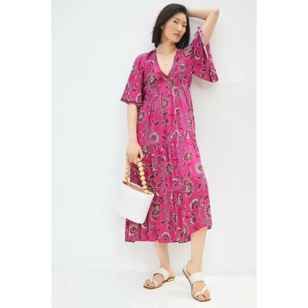 Anthropologie Omika Floral Dress V-neck Pinkβ Medium